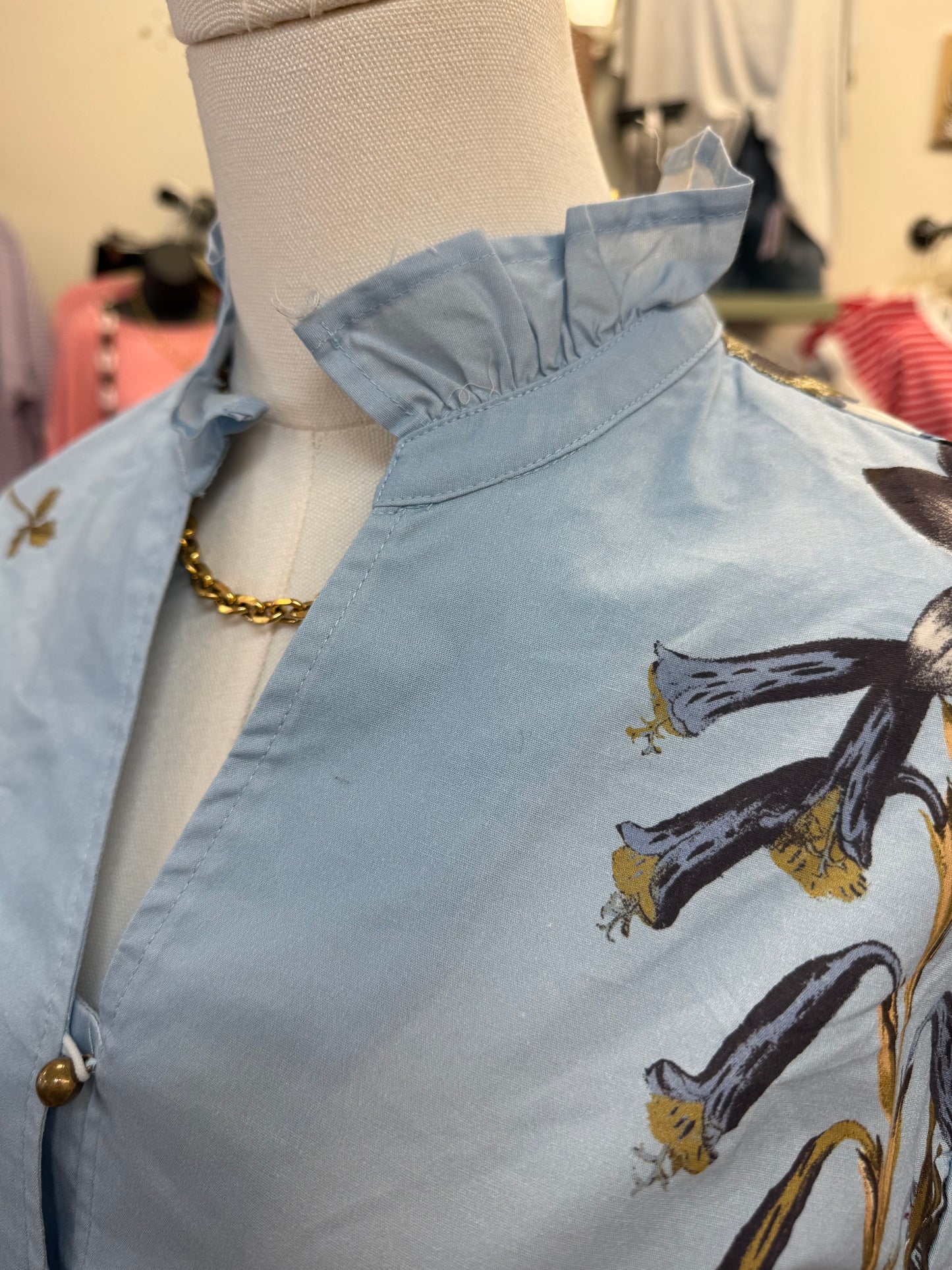 Sky Blue Floral Ruffle Blouse