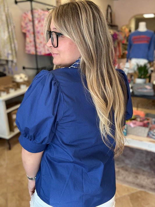 Indigo Embroidered Puff Sleeve Blouse