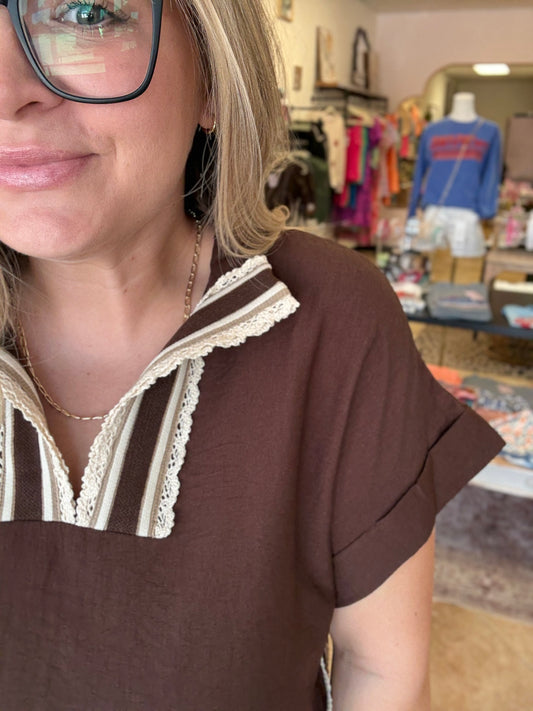 Brown Crochet Accent Blouse