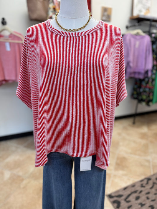 Ruby Red Ribbed Striped Oversized Short Sleeve Top