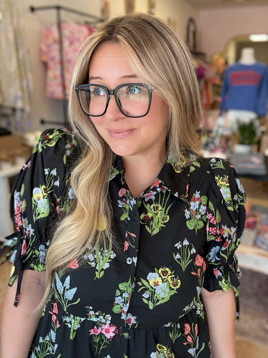 Black Botanical Puff Sleeve Midi Dress