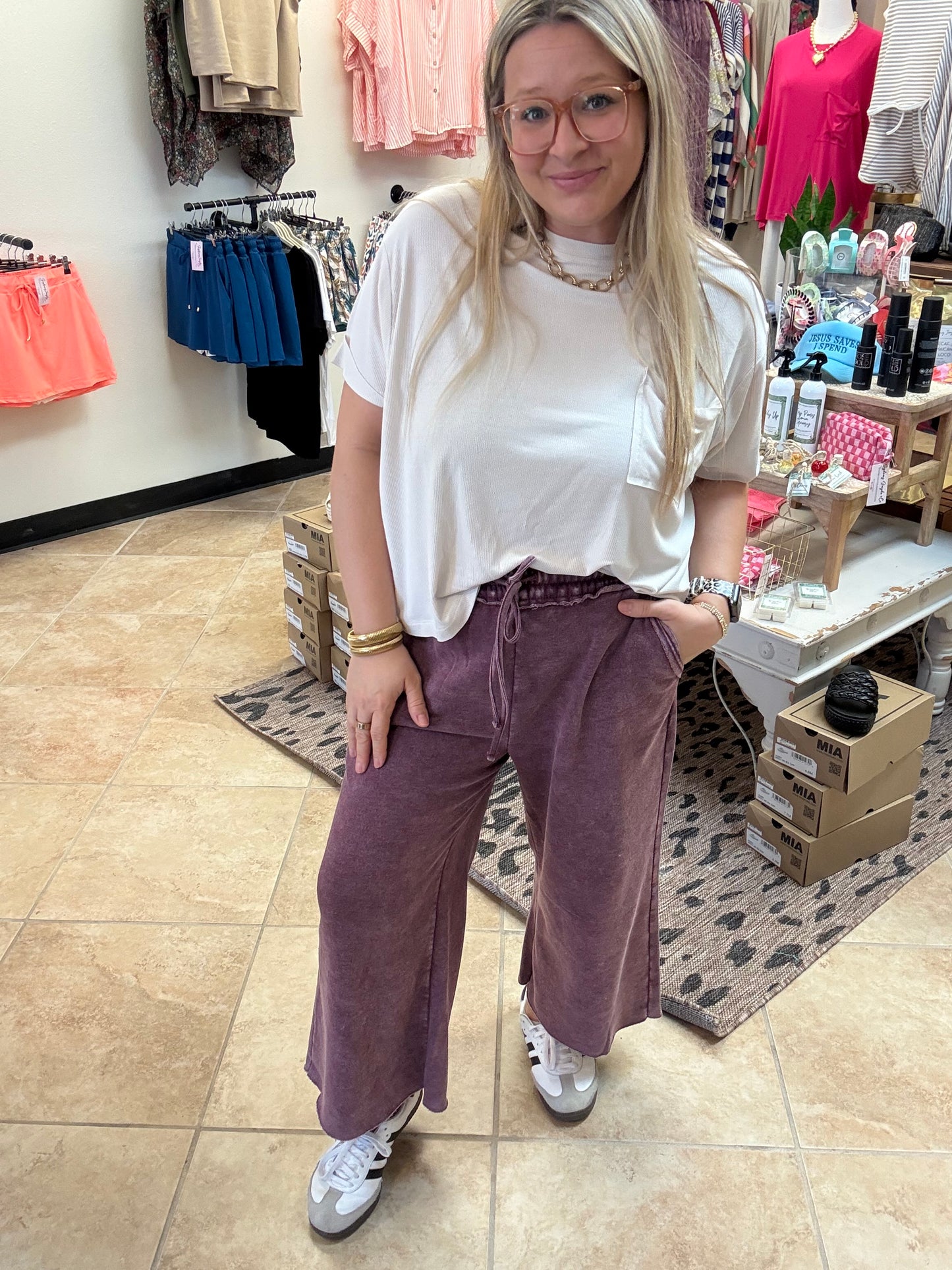 Acid Wash Fleece Palazzo Sweatpants with Pockets