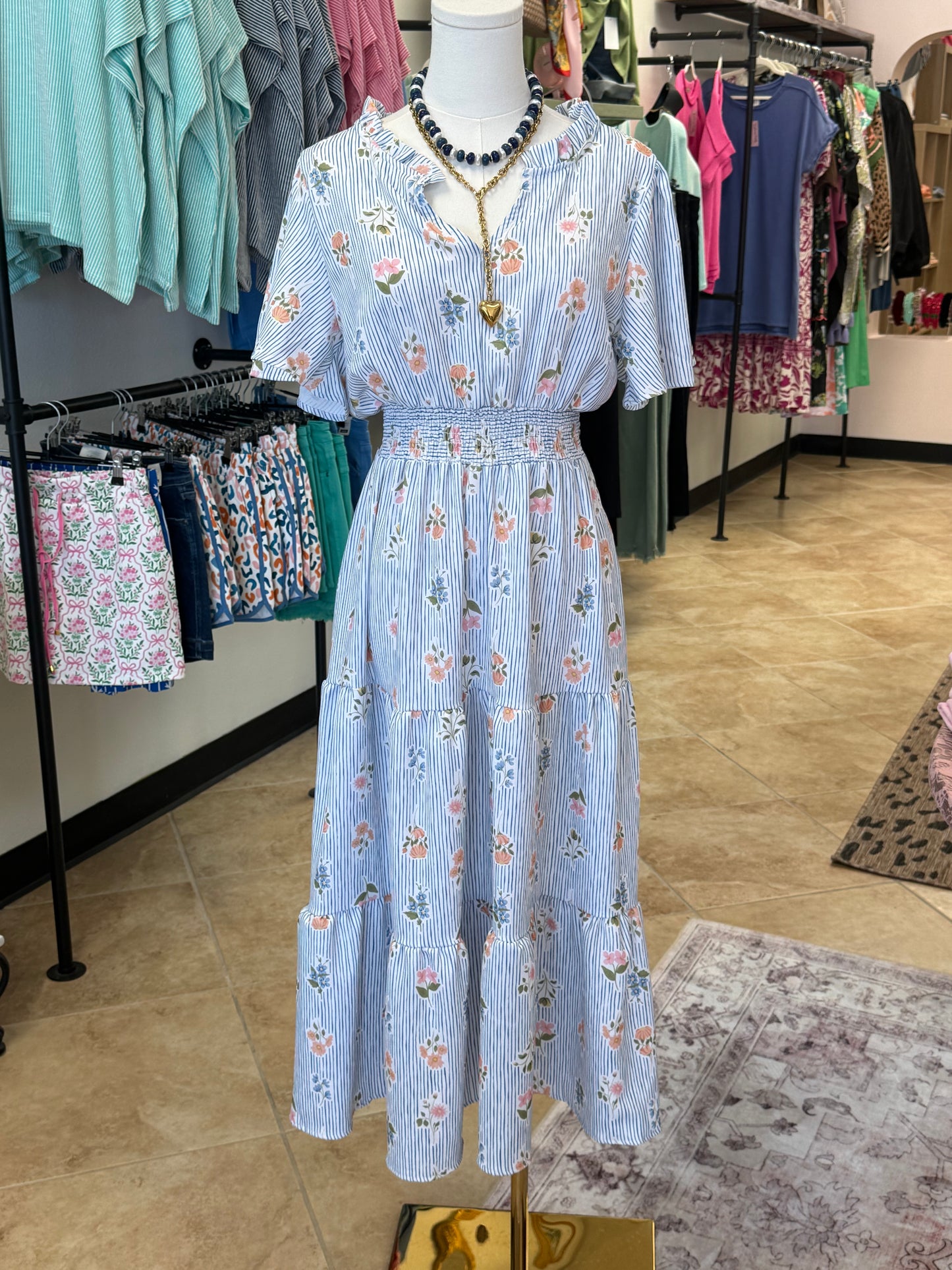 Blue Pinstripe Floral Dress