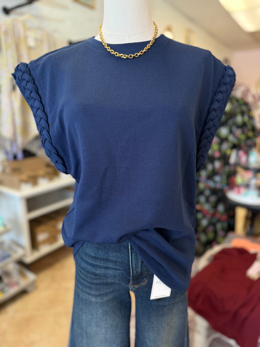 Navy Braided Detail Cap Sleeve Top