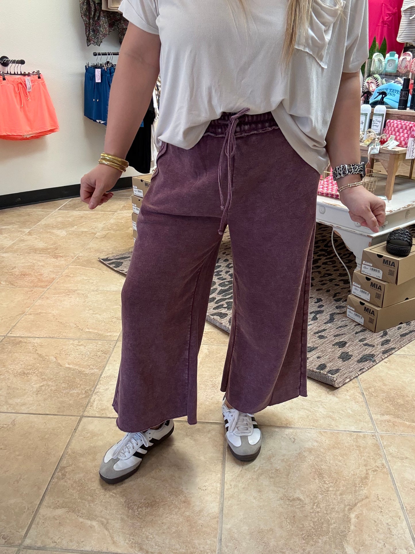 Acid Wash Fleece Palazzo Sweatpants with Pockets