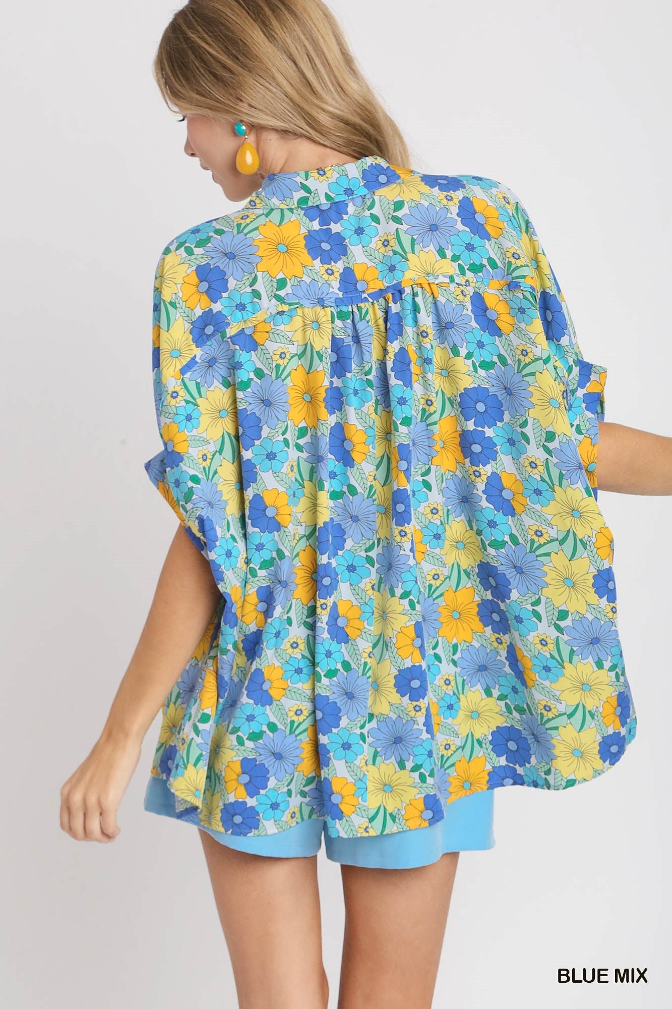Umgee Flower Print Boxy Button Down Top – Blue & Yellow