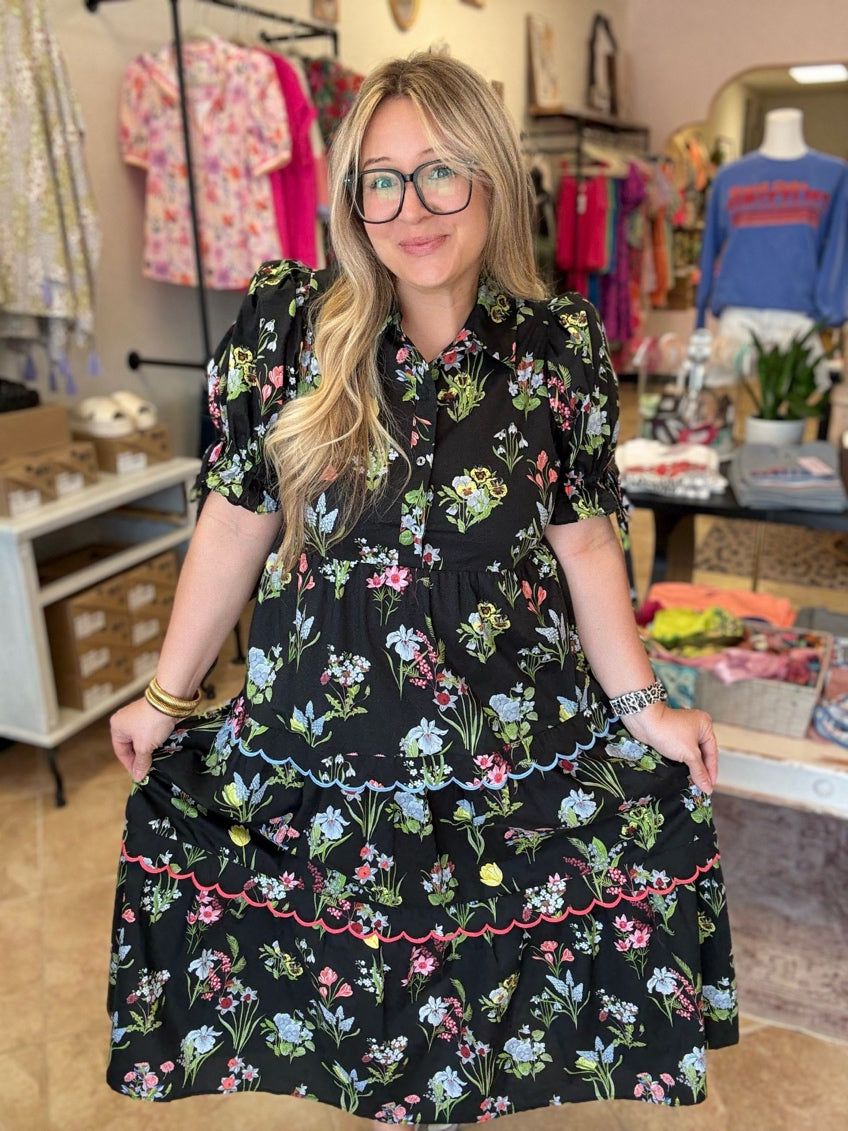 Black Botanical Puff Sleeve Midi Dress