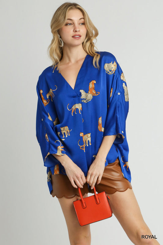 Umgee Satin Animal Print V-Neck Top – Royal Blue