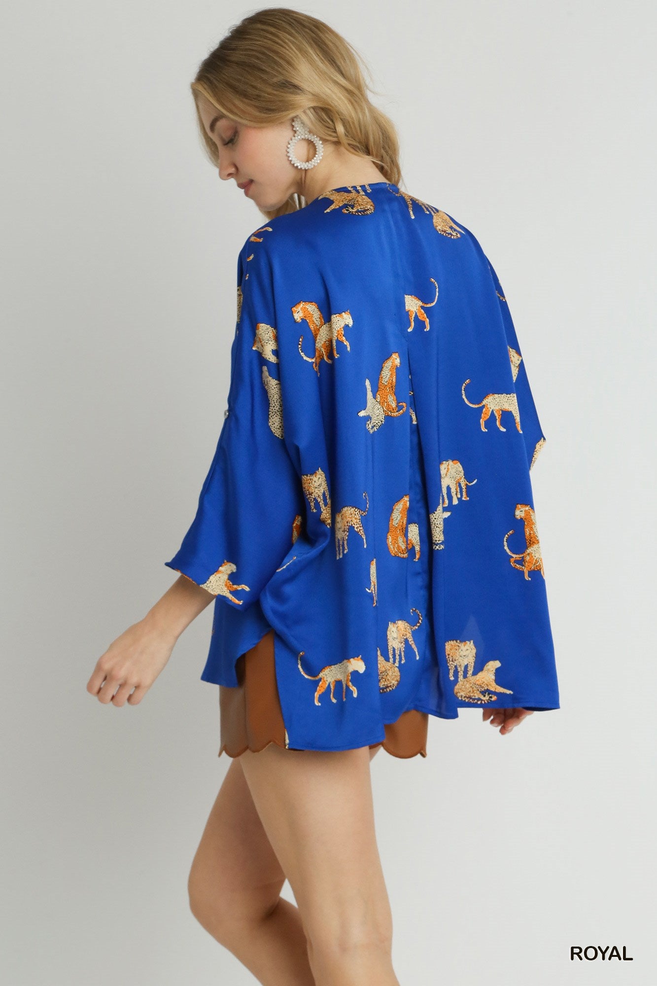 Umgee Satin Animal Print V-Neck Top – Royal Blue