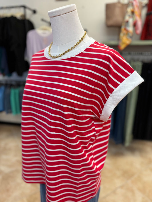 Cherry Red Contrast Trim Cap Sleeve Stripe Tee