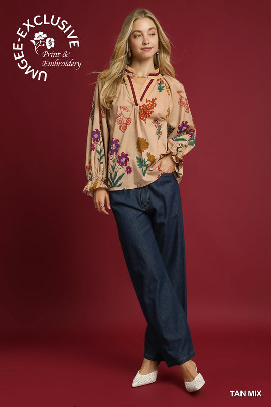 Rustic Floral V-Neck Collar Blouse
