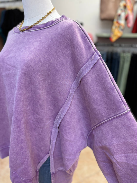 Violet Acid Washed Batwing Sleeve Hi-Low Fleece Sweatshirt