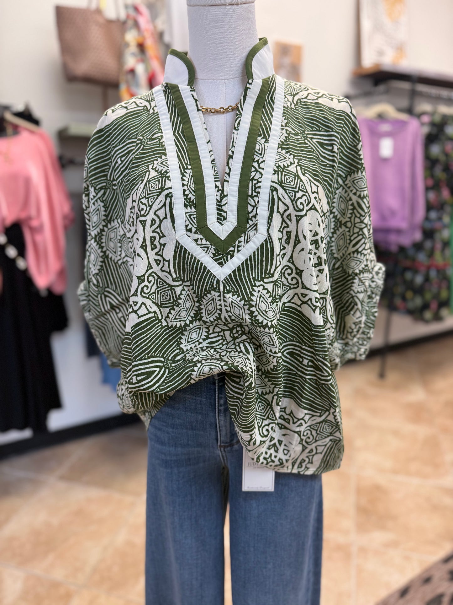 Olive Abstract Dolman Blouse with Relaxed Collar