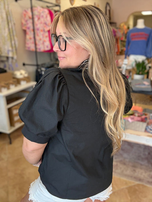 Black Embroidered Puff Sleeve Blouse