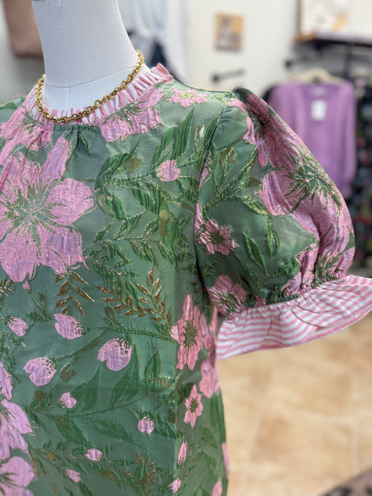 Sage Floral Puff Sleeve Blouse with Ruffle Details