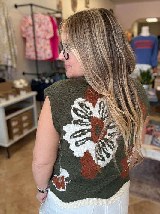 Olive & Copper Floral Sweater Vest