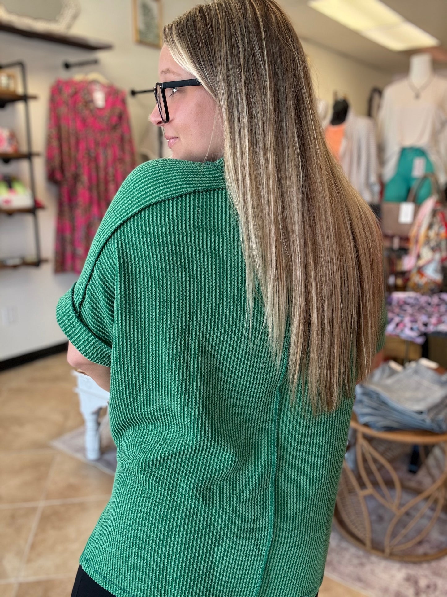 Corded Ribbed Short Cuff Sleeve Raw Edge Top