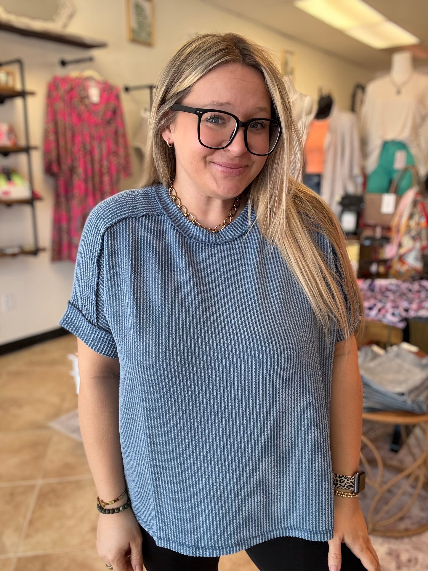 Corded Ribbed Short Cuff Sleeve Raw Edge Top
