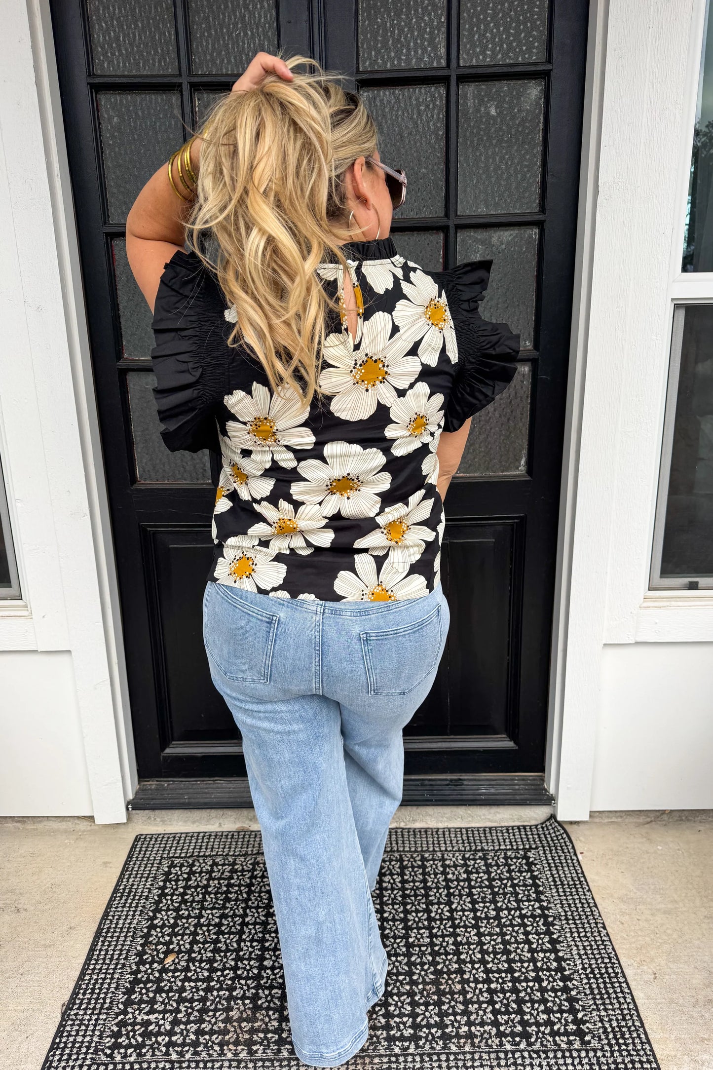 Madeline Ruffle Sleeve Floral Top- Black