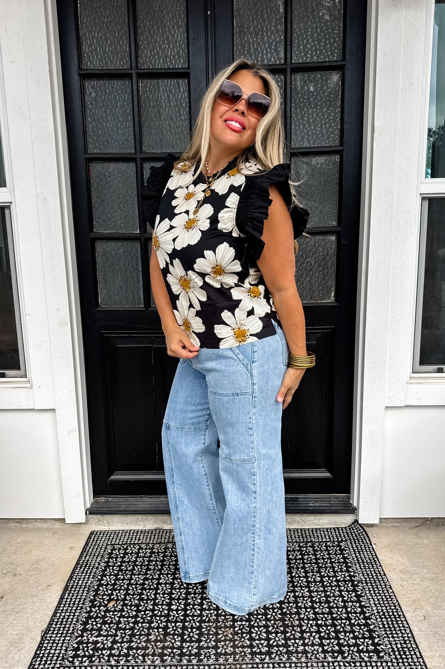Madeline Ruffle Sleeve Floral Top- Black