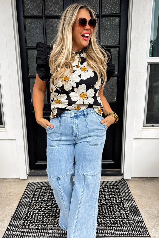 Madeline Ruffle Sleeve Floral Top- Black