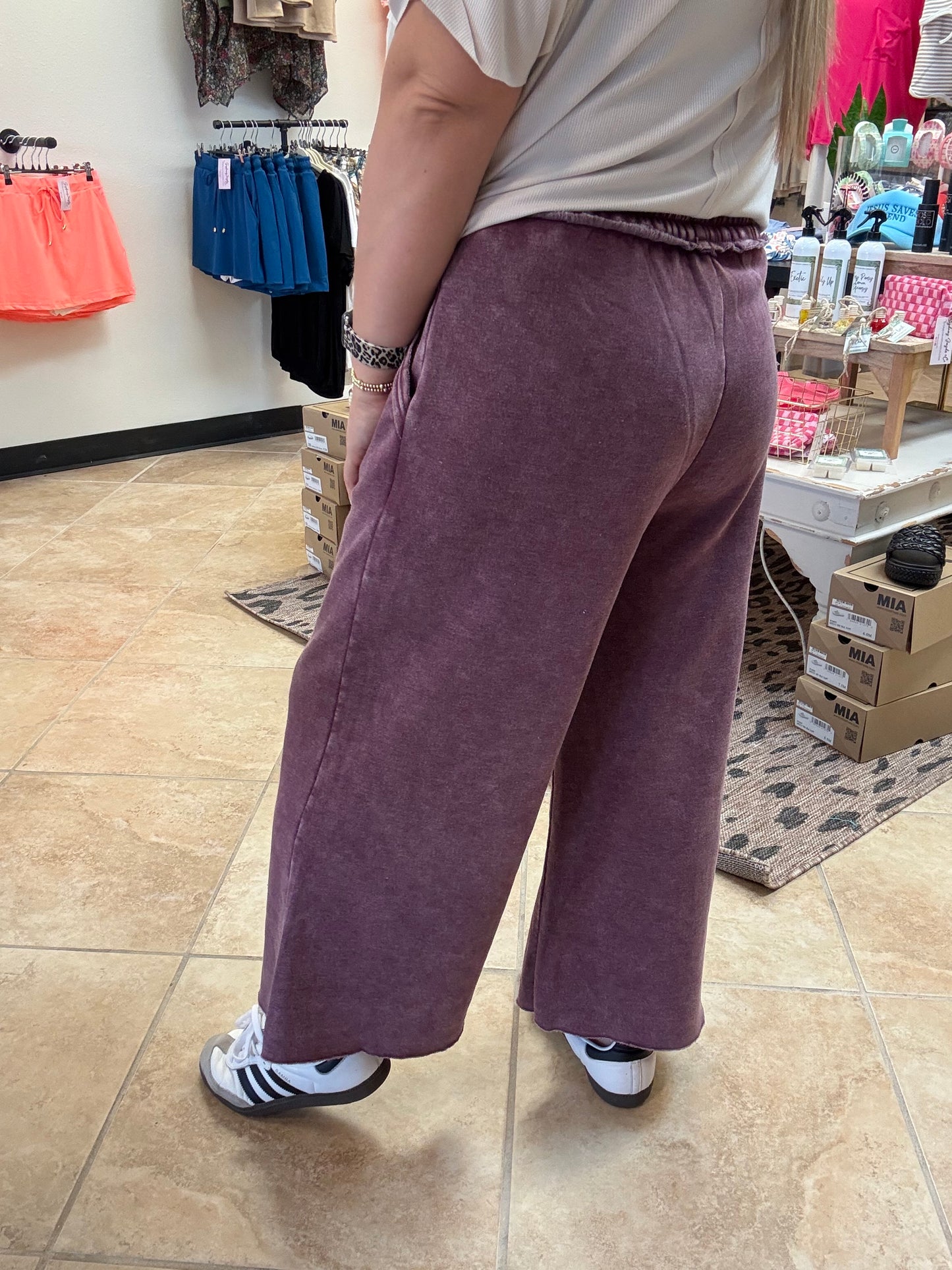 Acid Wash Fleece Palazzo Sweatpants with Pockets