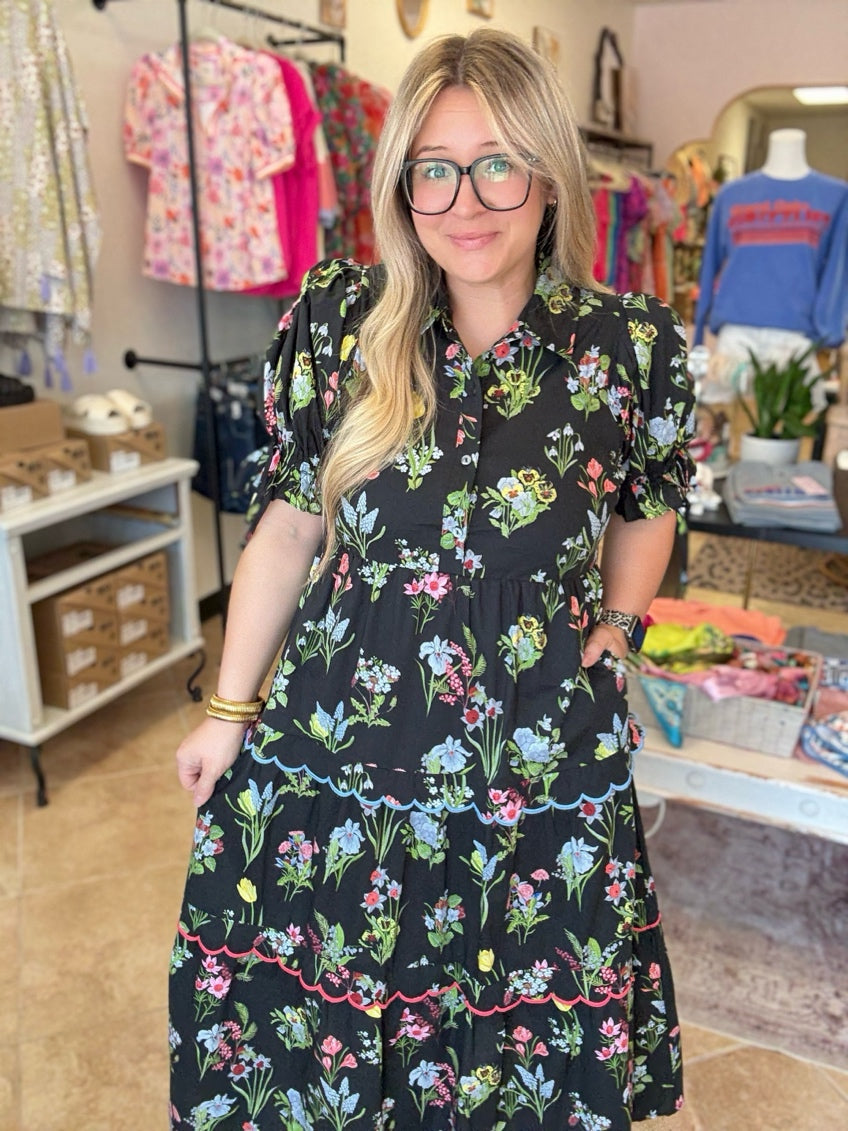 Black Botanical Puff Sleeve Midi Dress