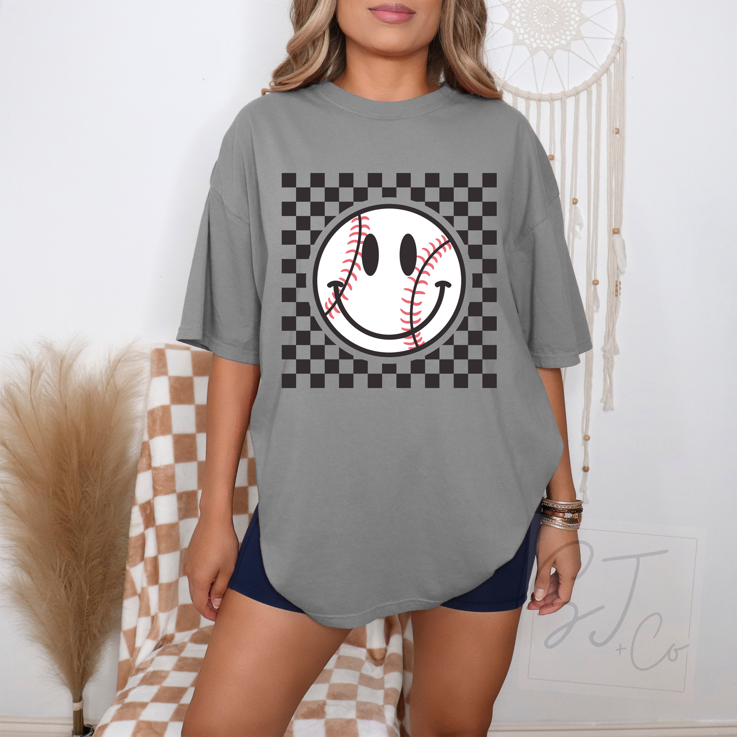 Gray Checker Baseball Smiley Graphic Tee
