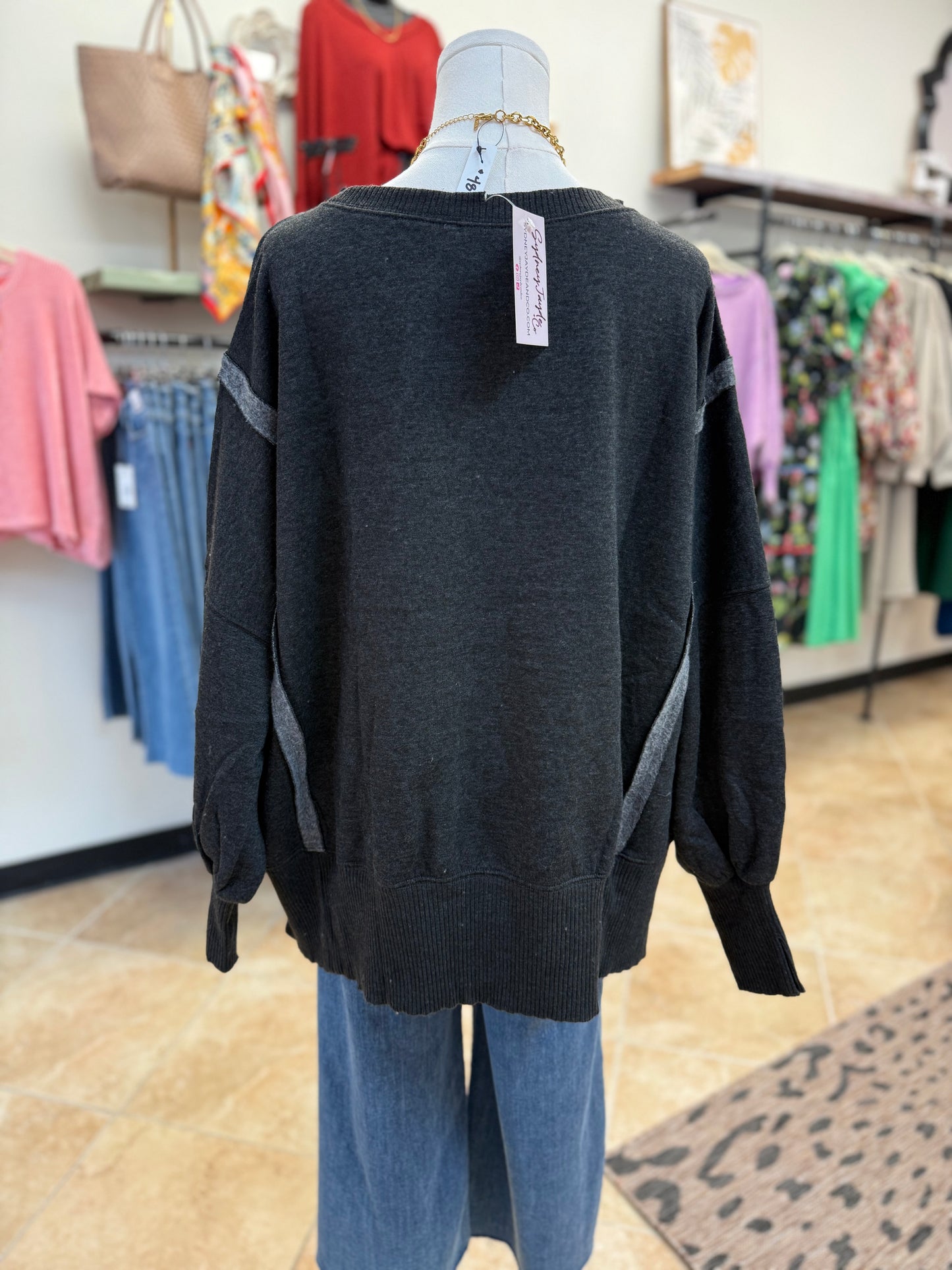 Washed Black Acid Washed Batwing Sleeve Hi-Low Fleece Sweatshirt