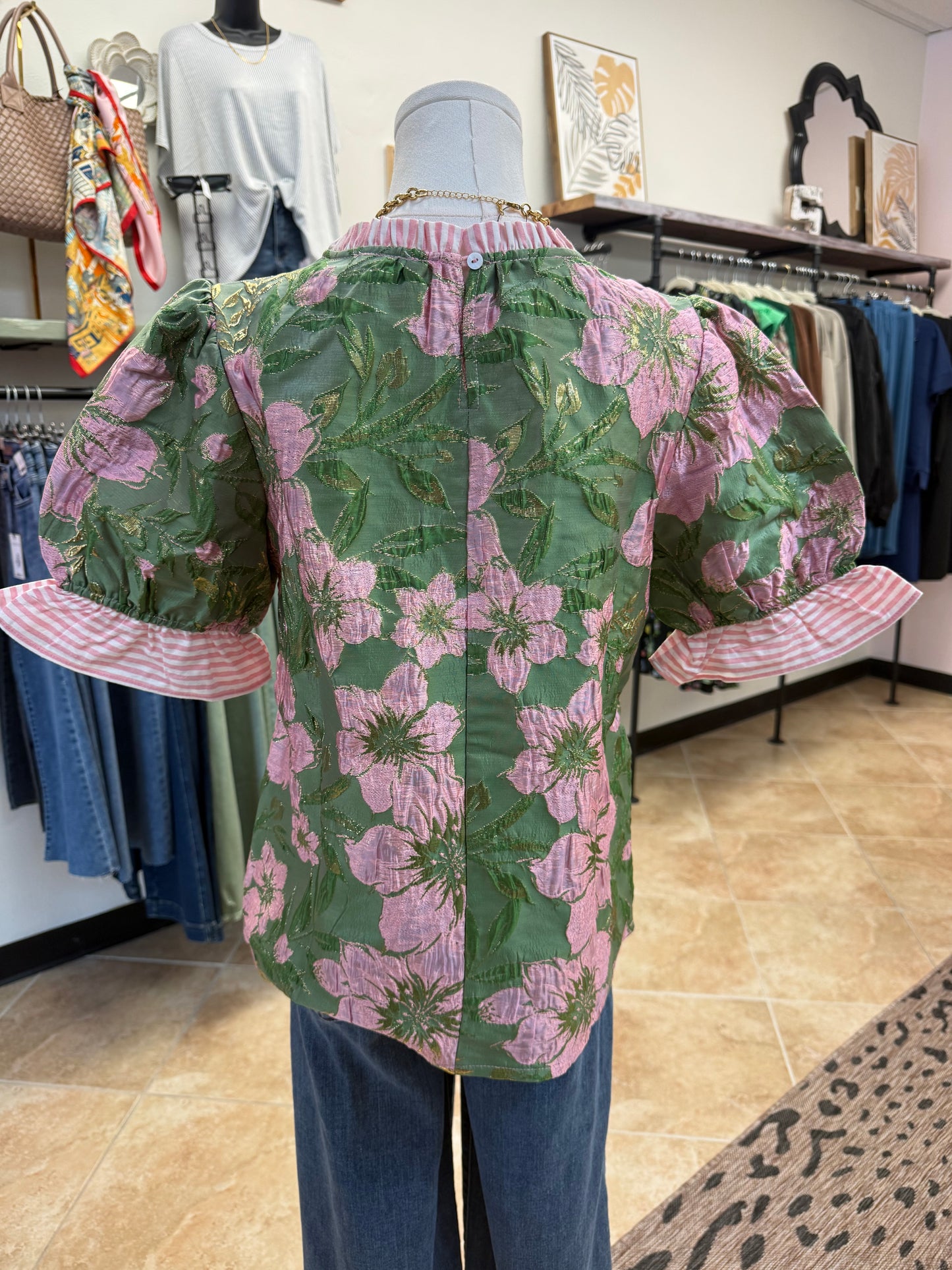Sage Floral Puff Sleeve Blouse with Ruffle Details