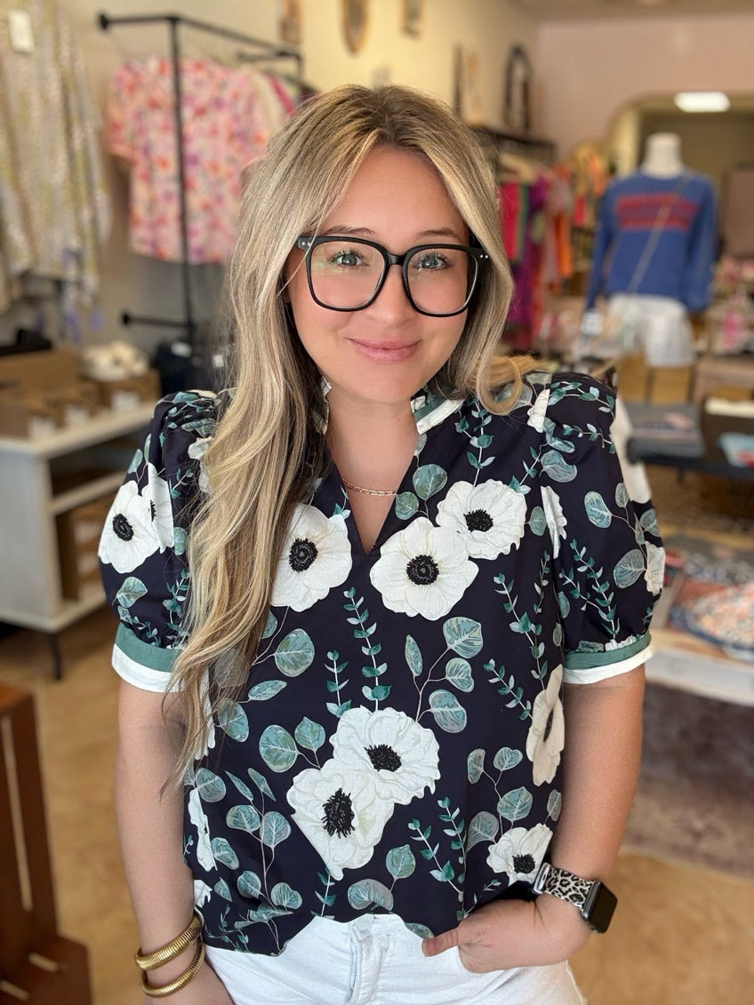 Navy Floral Puff Sleeve Blouse