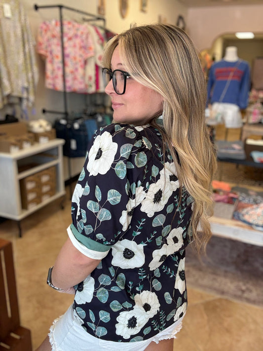 Navy Floral Puff Sleeve Blouse