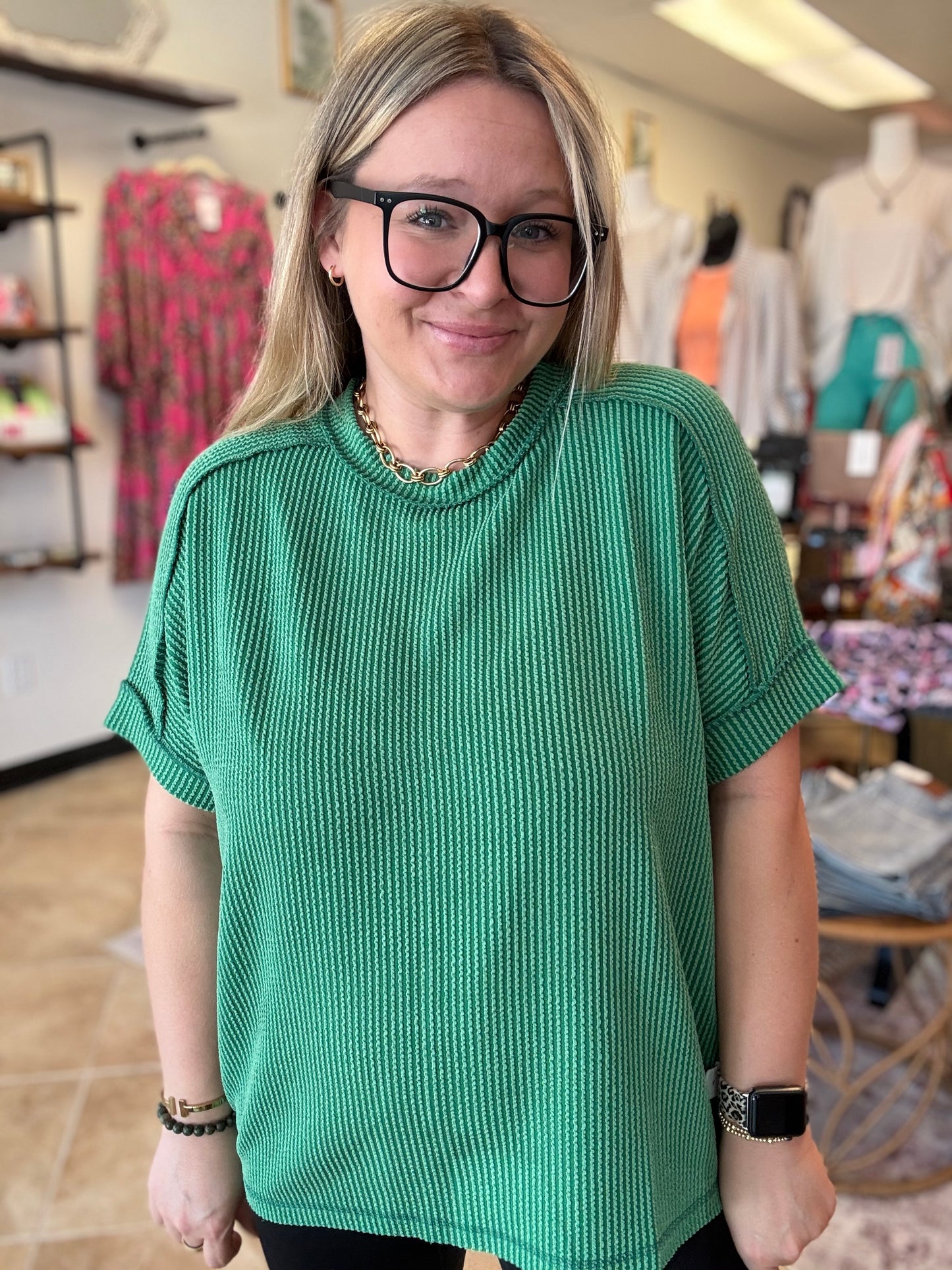 Corded Ribbed Short Cuff Sleeve Raw Edge Top