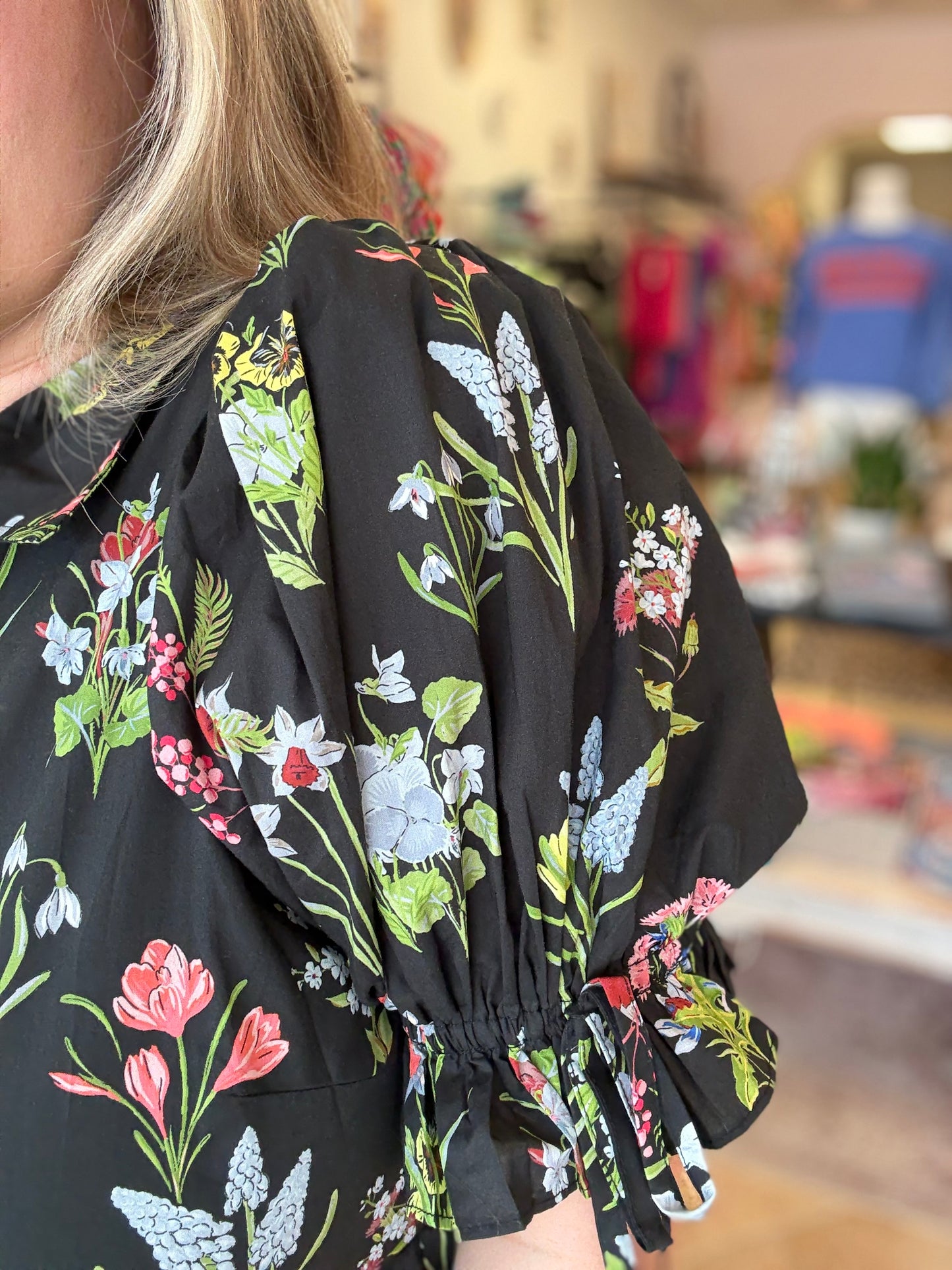 Black Botanical Puff Sleeve Midi Dress