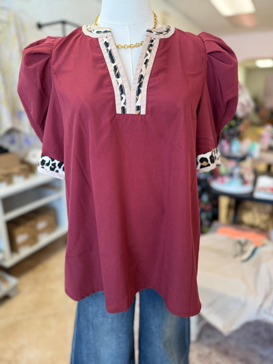 Merlot Leopard Accent Pleated Sleeve Top