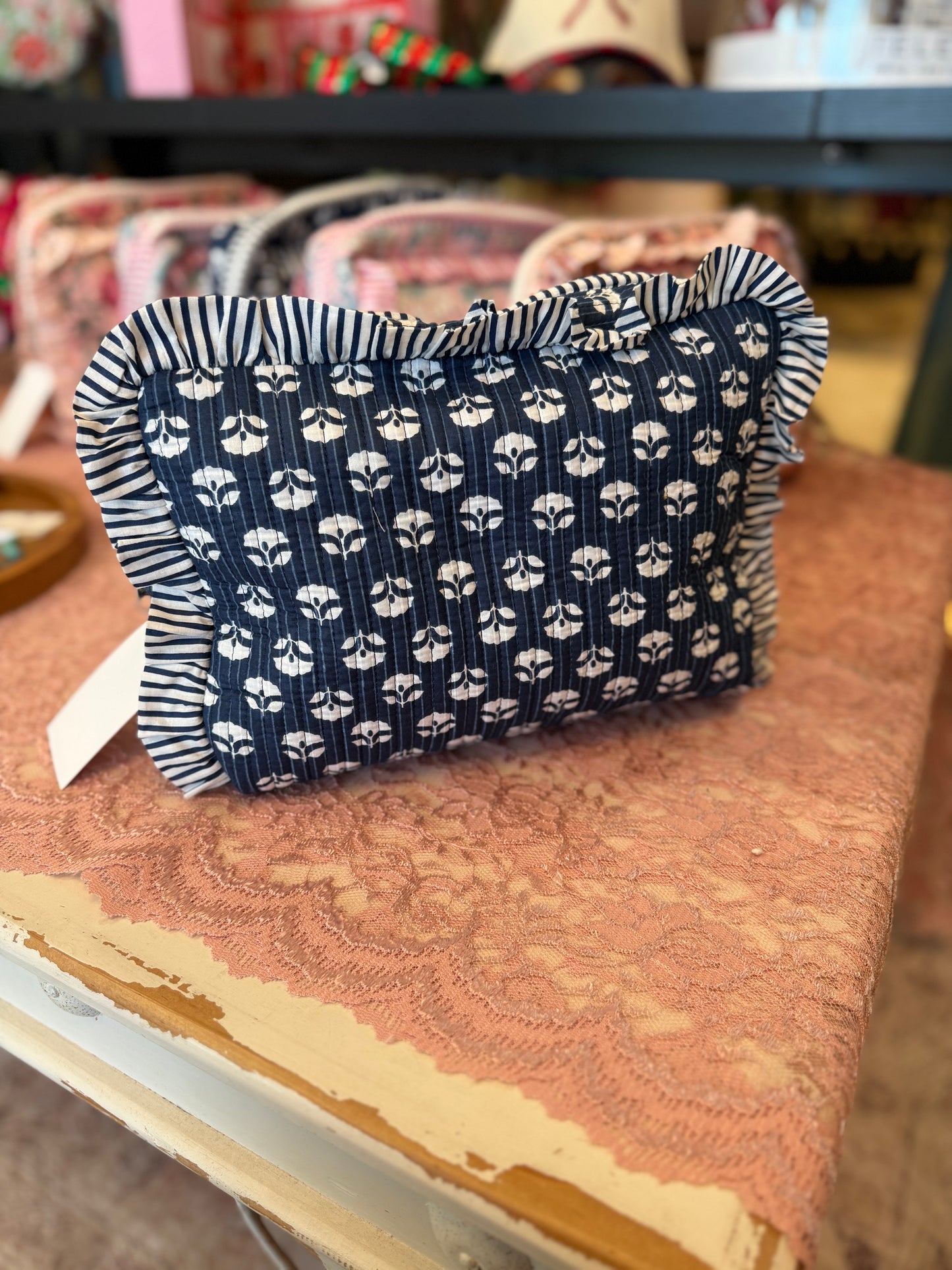 Quilted Ruffle Cosmetic Bags- Navy