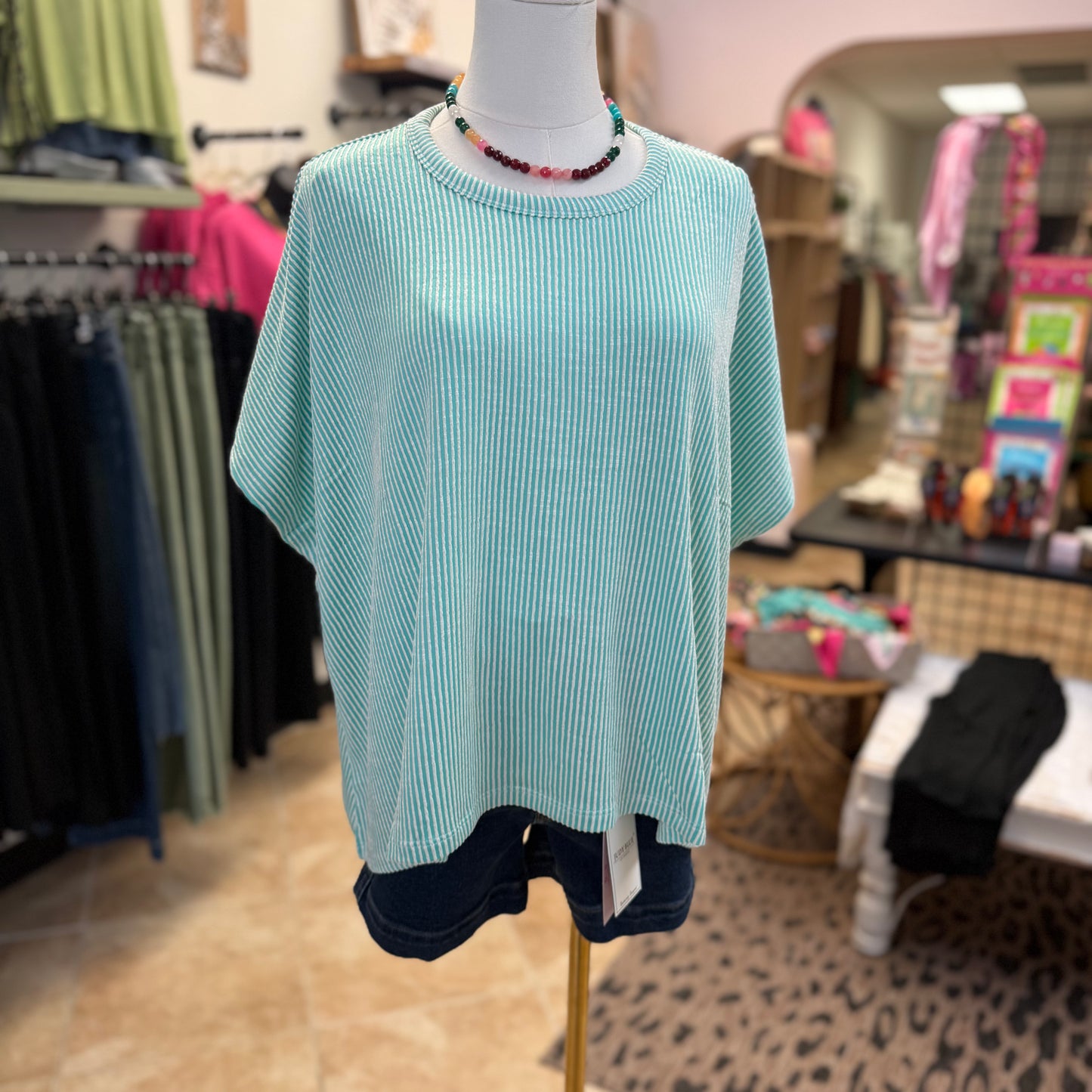 Ribbed Striped Oversized Short Sleeve Top in Mint