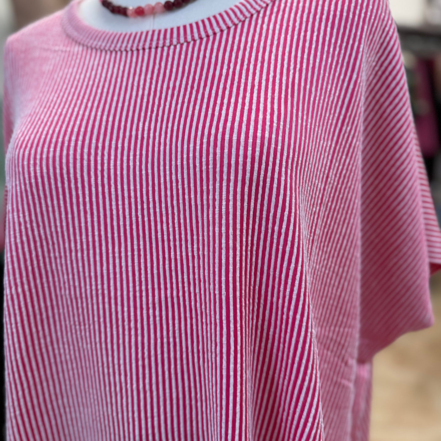 Ribbed Striped Oversized Short Sleeve Top in Hot Pink