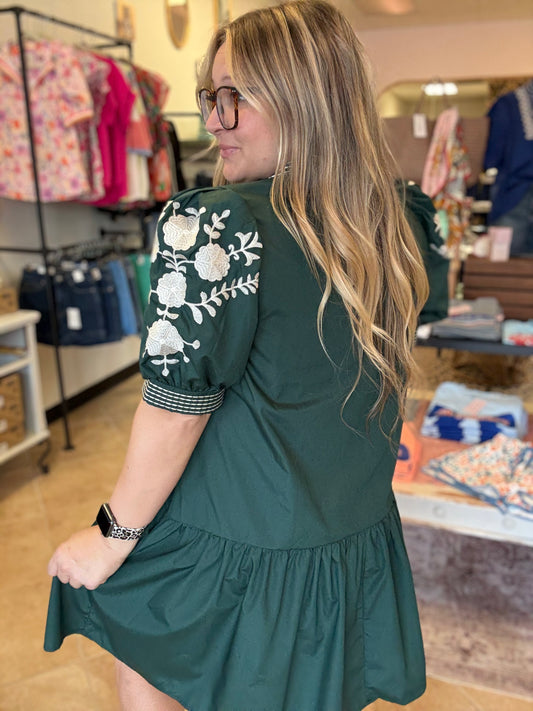 Hunter Green Embroidered Puff Sleeve Dress