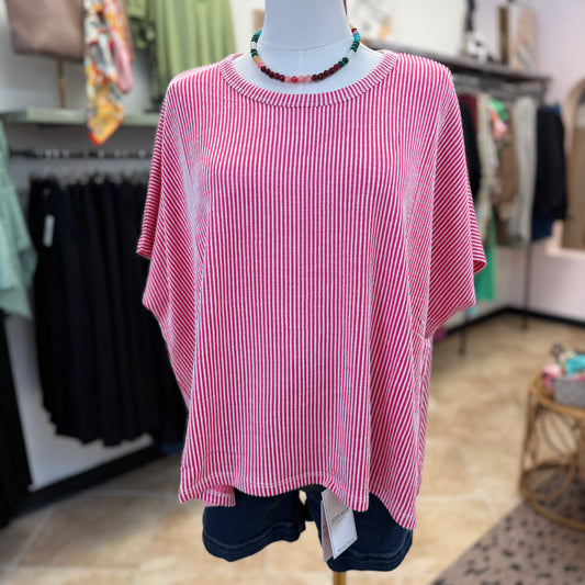 Ribbed Striped Oversized Short Sleeve Top in Hot Pink