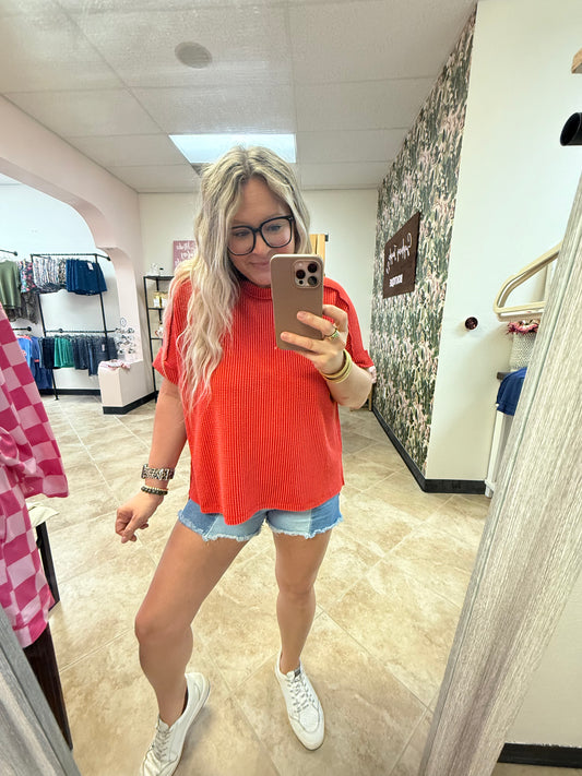 Corded Ribbed Short Cuff Sleeve Raw Edge Top