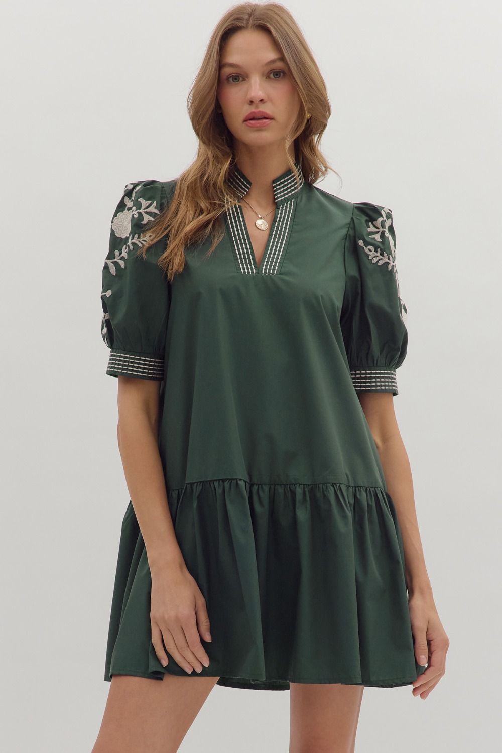 Hunter Green Embroidered Puff Sleeve Dress