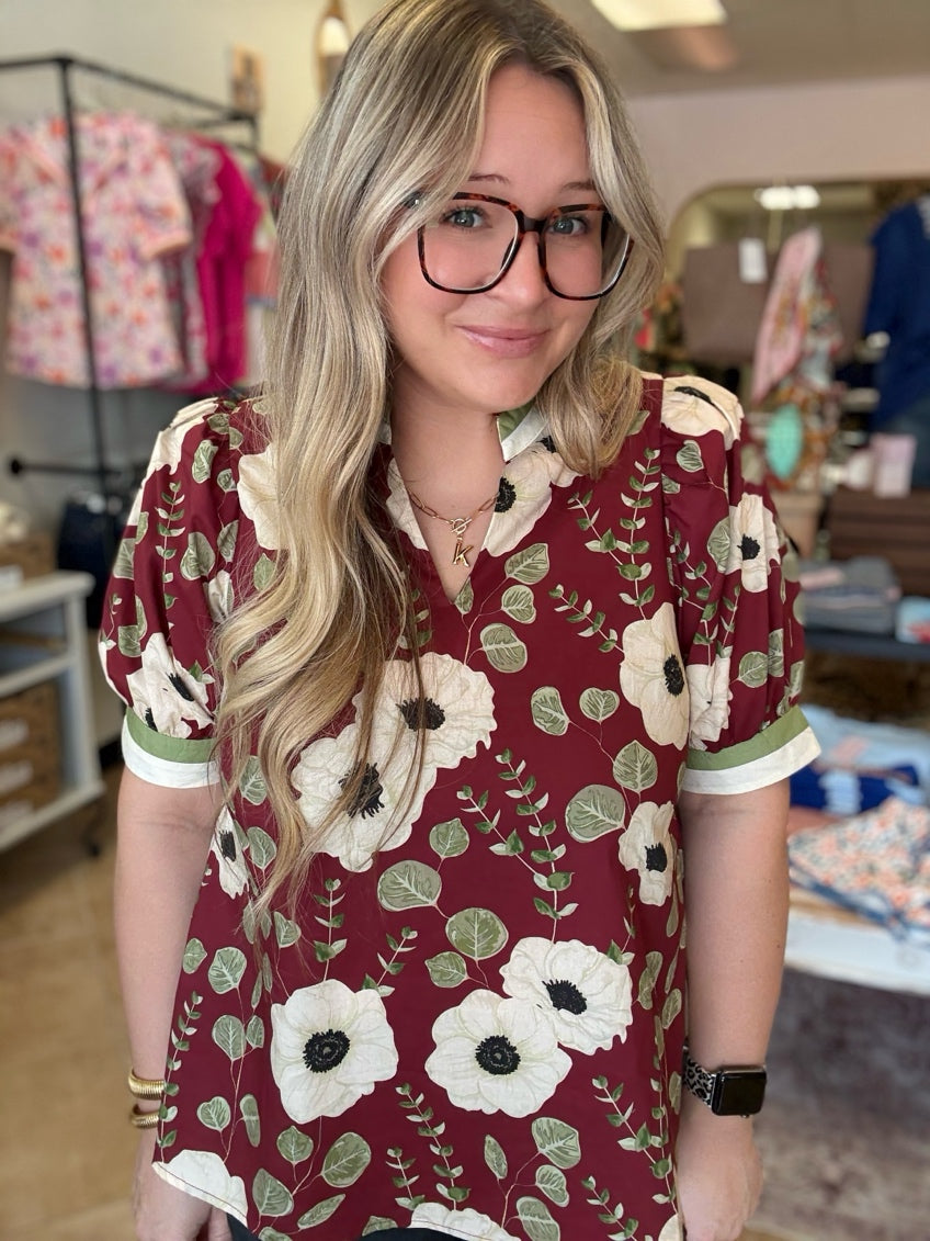 Maroon Floral Puff Sleeve Blouse