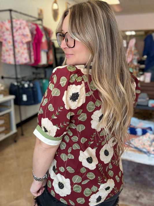 Maroon Floral Puff Sleeve Blouse