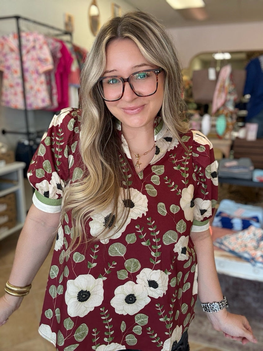 Maroon Floral Puff Sleeve Blouse