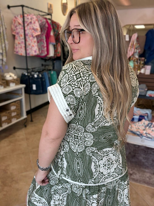 Olive Green Abstract Ruffle Hem Dress