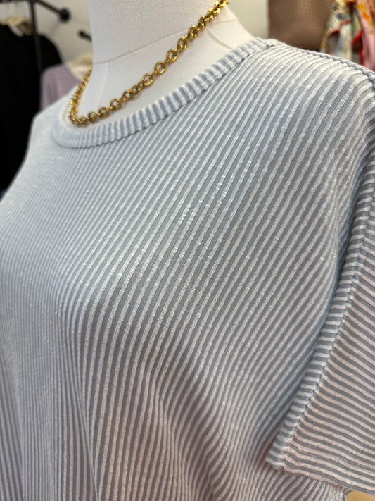 Silver Ribbed Striped Oversized Short Sleeve Top