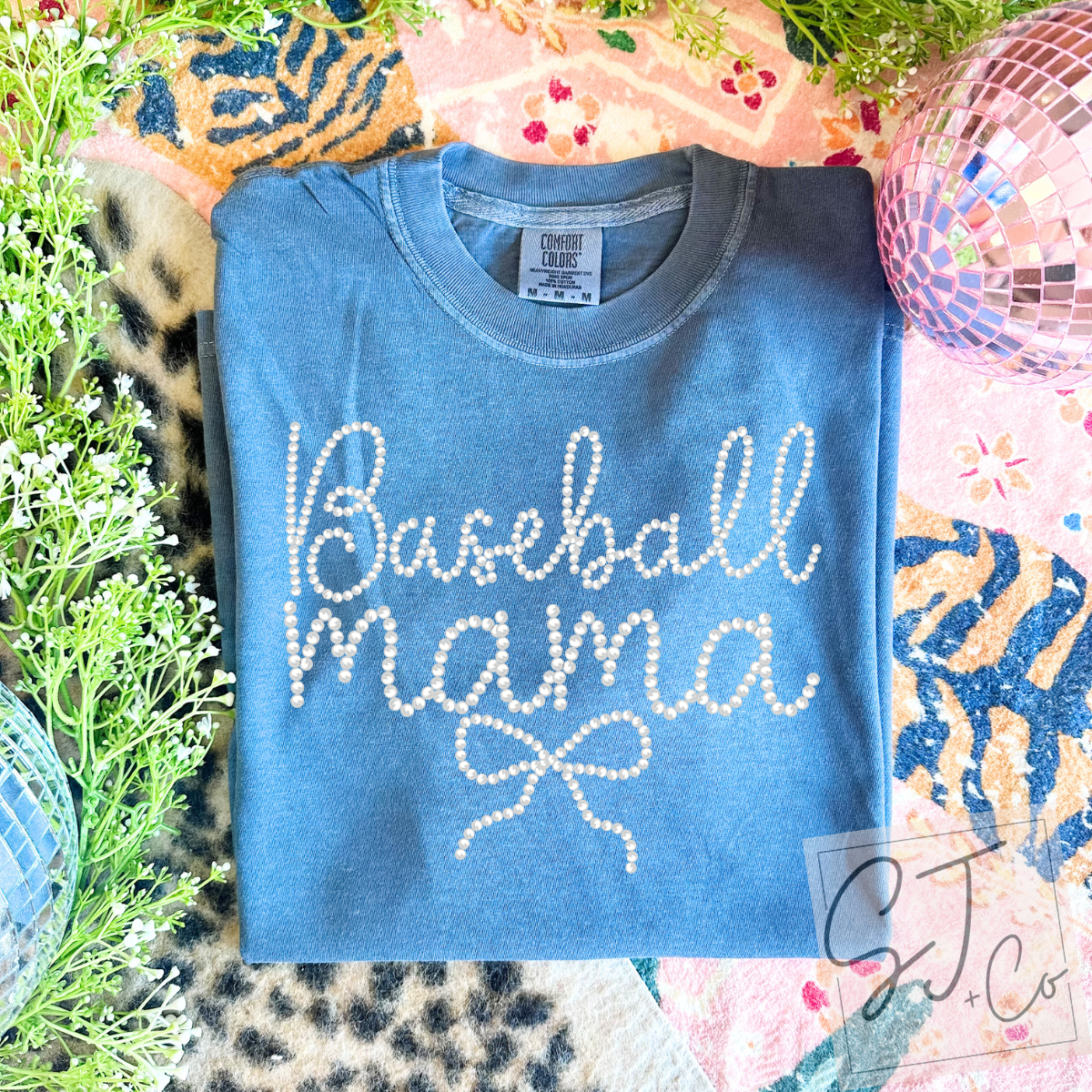 Denim Blue Baseball Mama Pearl Tee