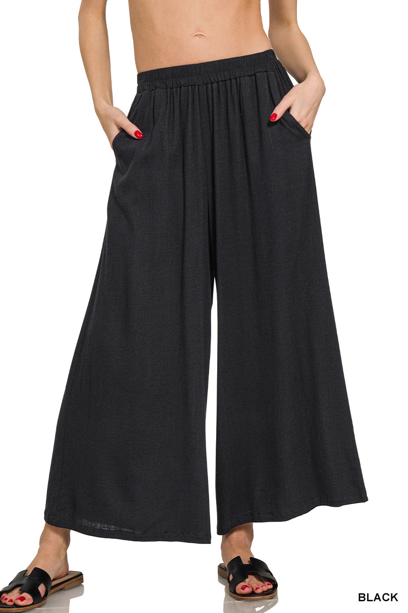 Black Flowy Wide-Leg Pants with Pockets