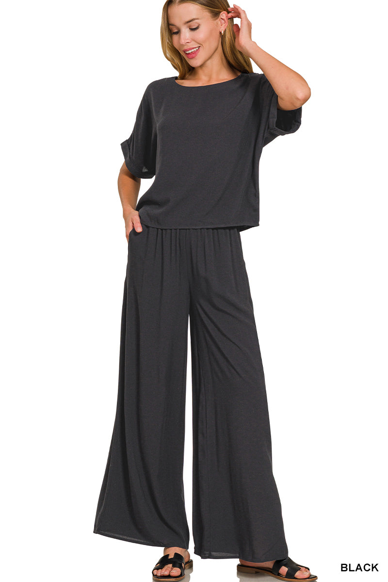 Black Relaxed Fit Two Piece Woven Set for Women